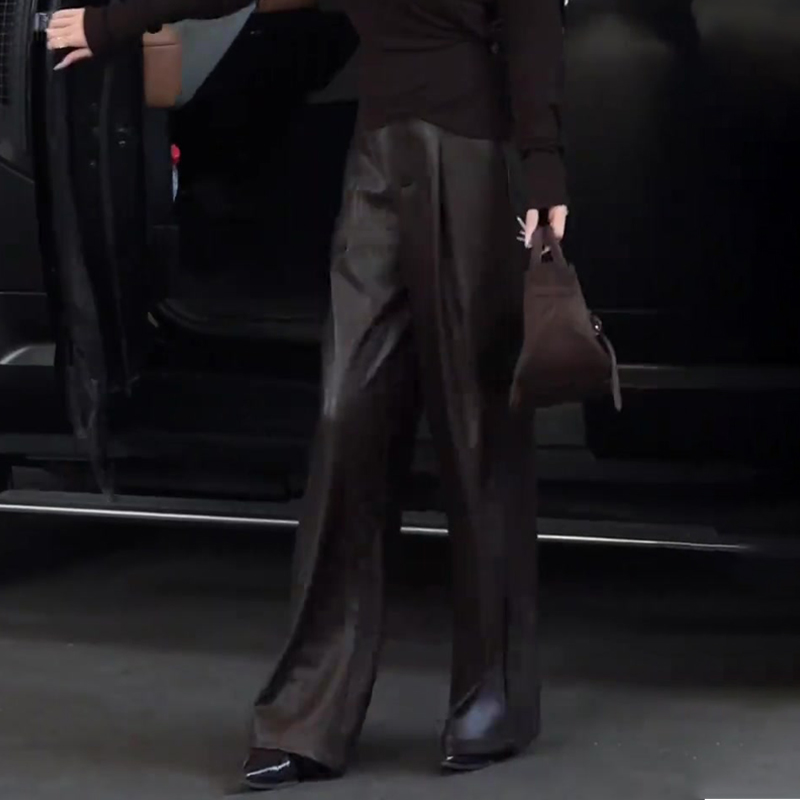 欧货高端定制咖色大码阔腿pu皮裤