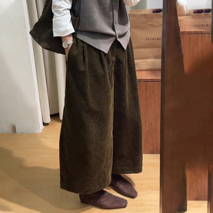 欧货高端定制栗色灯芯绒大码阔腿裤女2025冬季新款加厚慵懒休闲裤