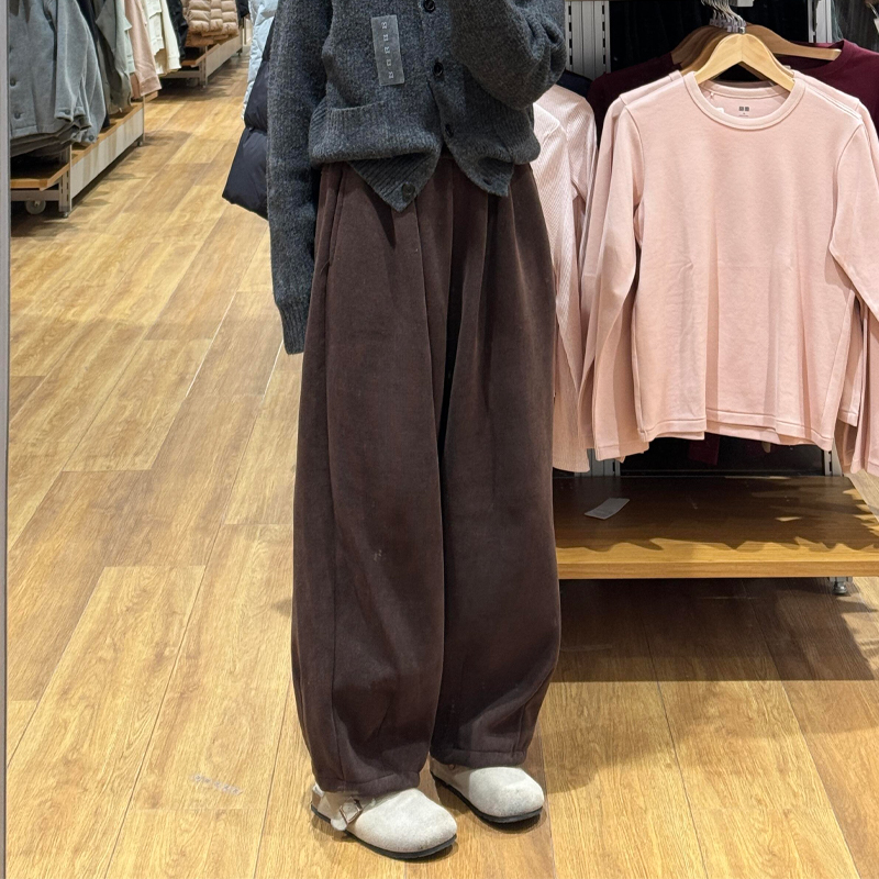 棕色大码加厚舒适束脚裤女2025春季新款小个子显瘦显高慵懒感裤子