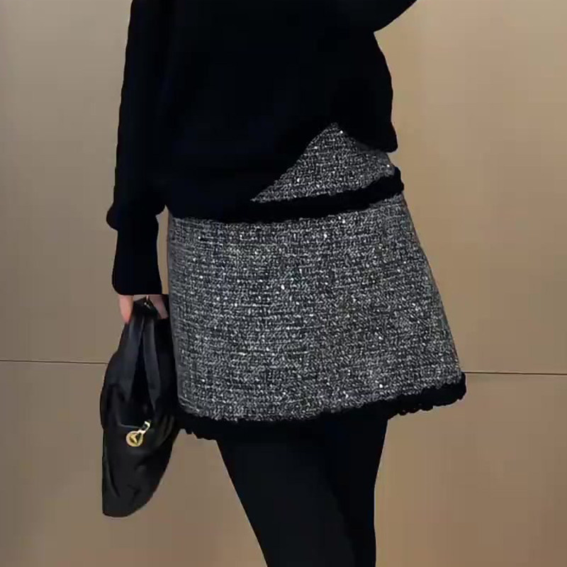 高端定制大码花灰色毛呢半身裙女