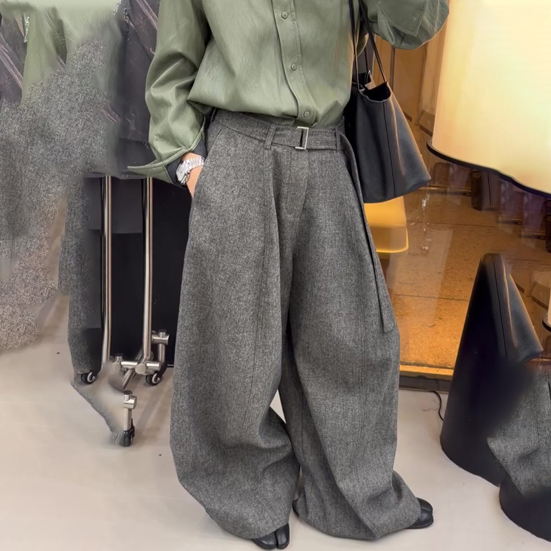 欧货高端定制灰色毛呢大码阔腿裤