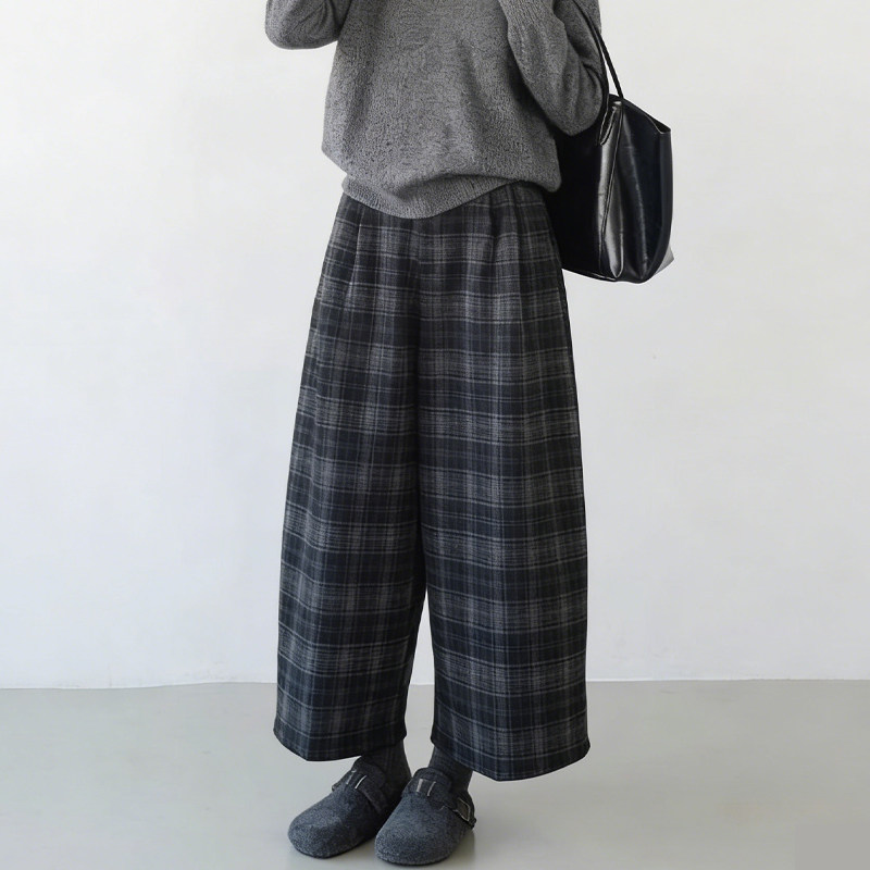 欧货高端定制黑灰色格纹大码阔腿裤女2026早春新款慵懒风弯刀裤子,女装/女士精品,大码裤装,淘宝优惠券,粉丝福利购,淘宝优惠卷