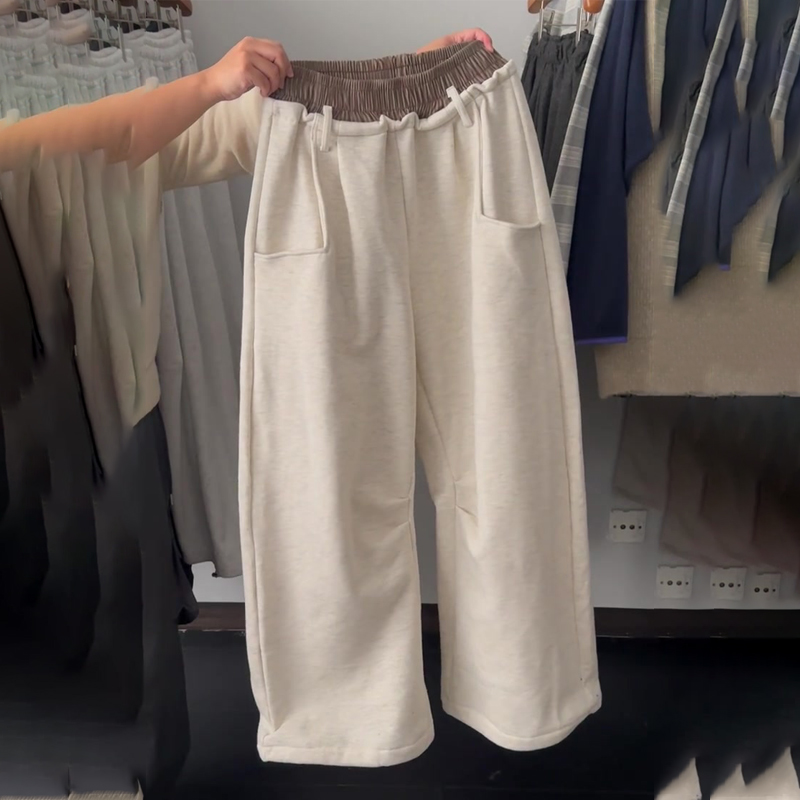 欧货高端定制燕麦色大码阔腿卫裤