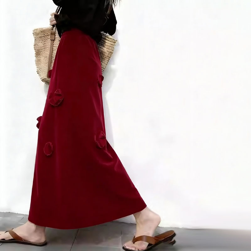 欧货酒红色立体装饰大码半身裙女