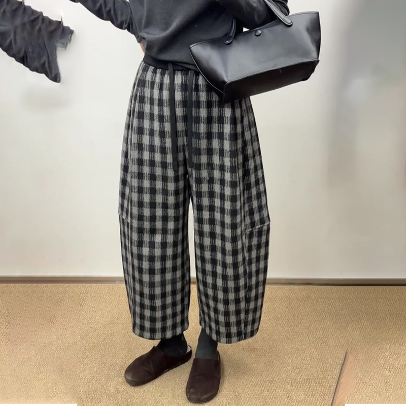 高端定制灰色毛呢大码格子阔腿裤