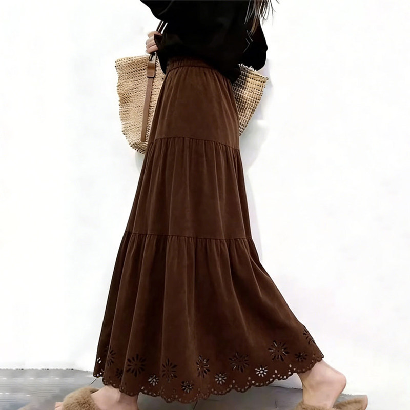 高端定制深棕色毛呢大码半身裙女