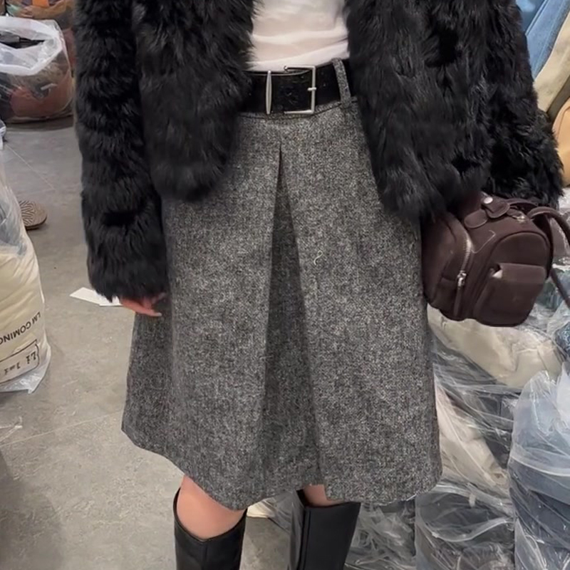 高端定制花灰色毛呢大码半身裙女