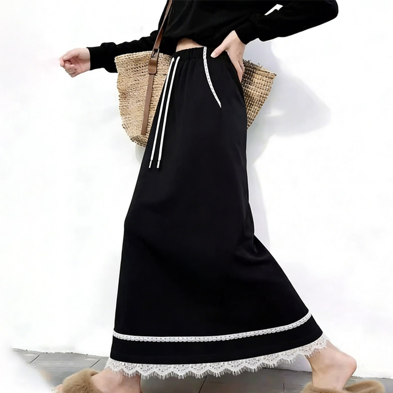 欧货高端定制黑色抽绳大码半身裙女2026早春新款蕾丝拼接A字裙子,女装/女士精品,大码半身裙,淘宝优惠券,粉丝福利购,淘宝优惠卷