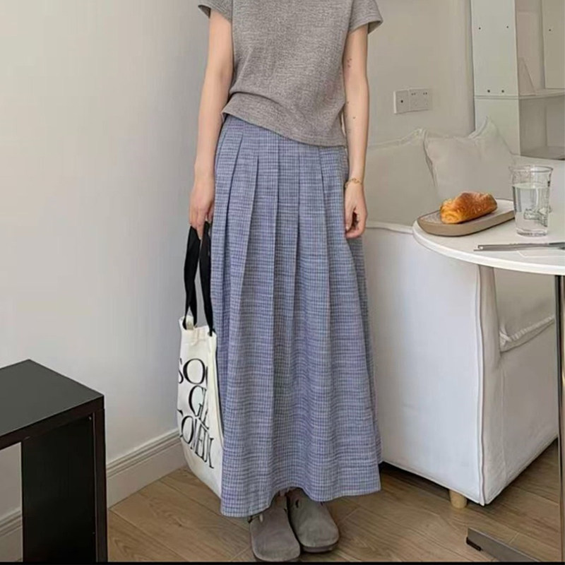 欧货高端定制蓝色棉麻大码半身裙女2026早春新款轻熟温柔风百褶裙,女装/女士精品,大码半身裙,淘宝优惠券,粉丝福利购,淘宝优惠卷