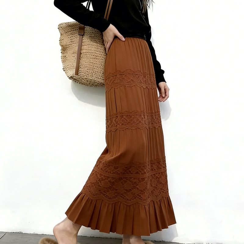 高端定制焦糖色荷叶边大码半身裙女2025冬季新款加厚蕾丝百褶裙子,女装/女士精品,大码半身裙,淘宝优惠券,粉丝福利购,淘宝优惠卷