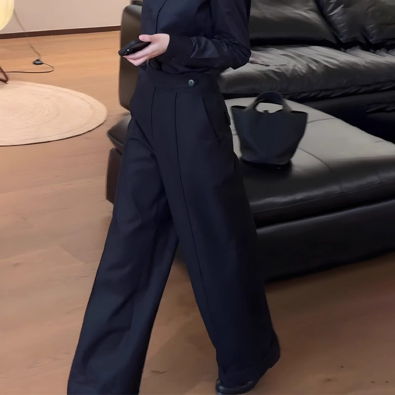 欧货高端定制藏青色大码阔腿裤女