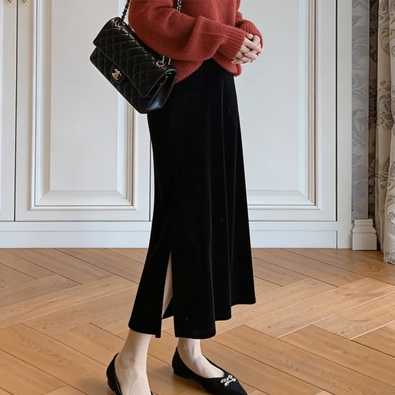 欧货高端定制黑色丝绒大码半身裙女2026早春新款轻熟风开叉A字裙,女装/女士精品,大码半身裙,淘宝优惠券,粉丝福利购,淘宝优惠卷