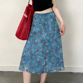 欧货高端定制湖蓝色碎花大码 半身裙女2026春夏新款 温柔风A字裙子