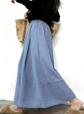 欧货高端定制天蓝色条纹大码半身裙女2025冬季新款加厚减龄大摆裙