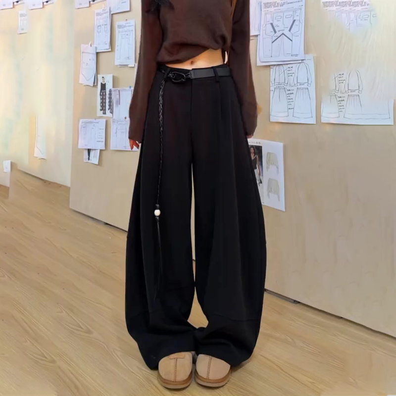 高端定制黑色毛呢大码西装阔腿裤