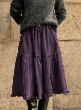 高端定制深紫色灯芯绒大码半身裙女2025冬季新款加厚轻熟风A字裙