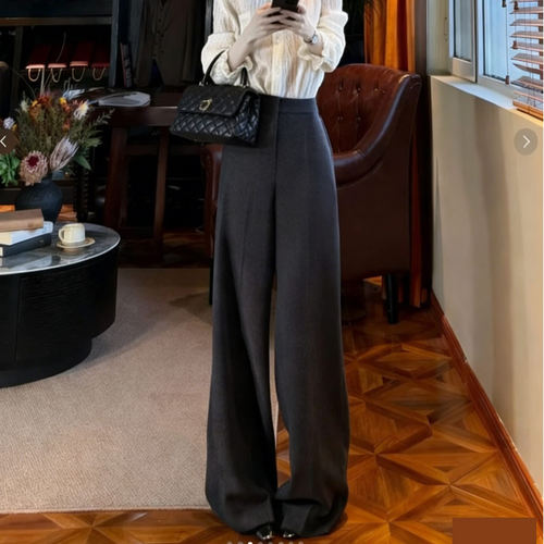 高端定制深灰色毛呢大码阔腿裤女