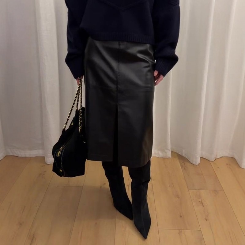 欧货高端定制黑色大码半身皮裙女