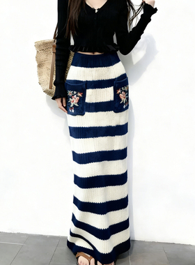 欧货高端定制蓝白色针织大码半身裙女2025冬季新款加厚绣花A字裙