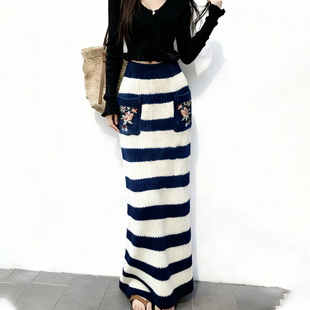 加厚绣花A字裙 新款 欧货高端定制蓝白色针织大码 半身裙女2025冬季