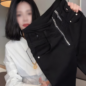 黑色大码加绒加厚拉链设计牛仔裤女2024年冬季新款时髦洋气小脚裤