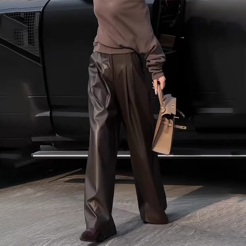 欧货高端定制棕色大码阔腿pu皮裤