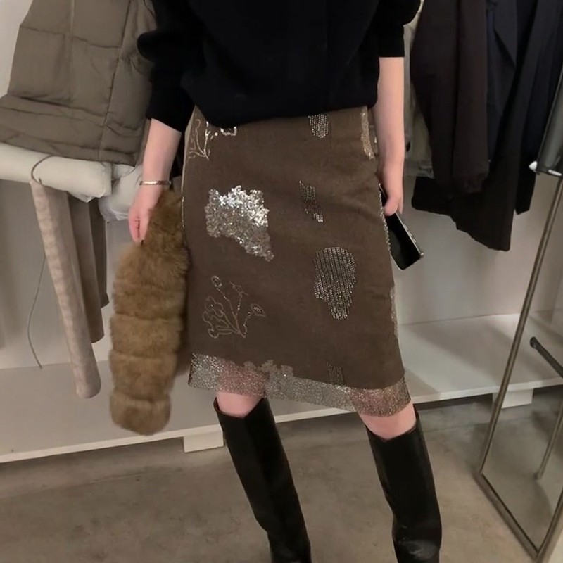 欧货高端定制咖色亮片大码半身裙女2025冬季新款加厚拼接A字中裙