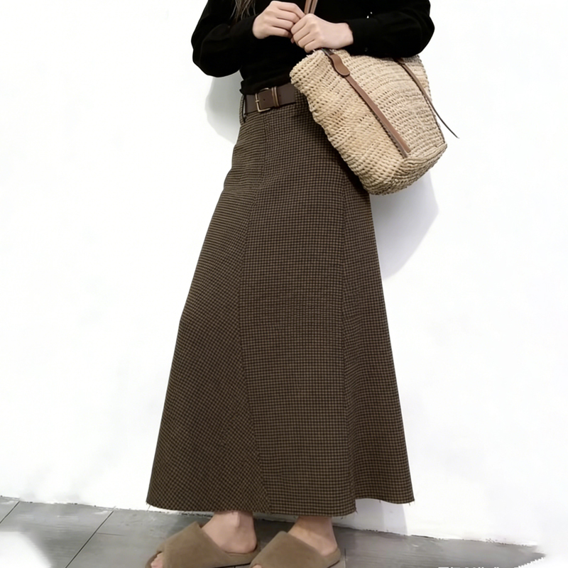 高端定制棕色毛呢大码格纹半身裙