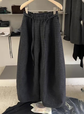高端定制灰色毛呢大码阔腿裤女2025秋冬新款加厚格子慵懒风弯刀裤