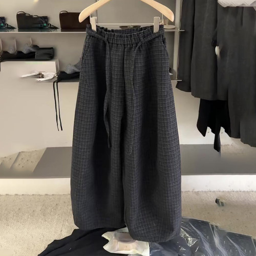 高端定制灰色毛呢大码格子阔腿裤