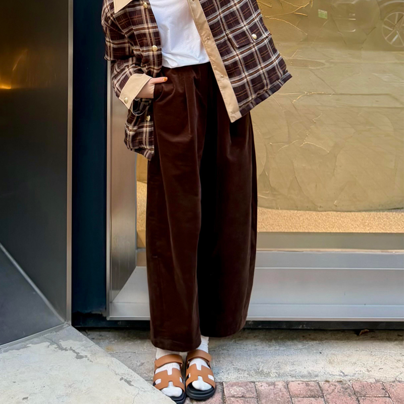高端定制红棕色灯芯绒大码阔腿裤