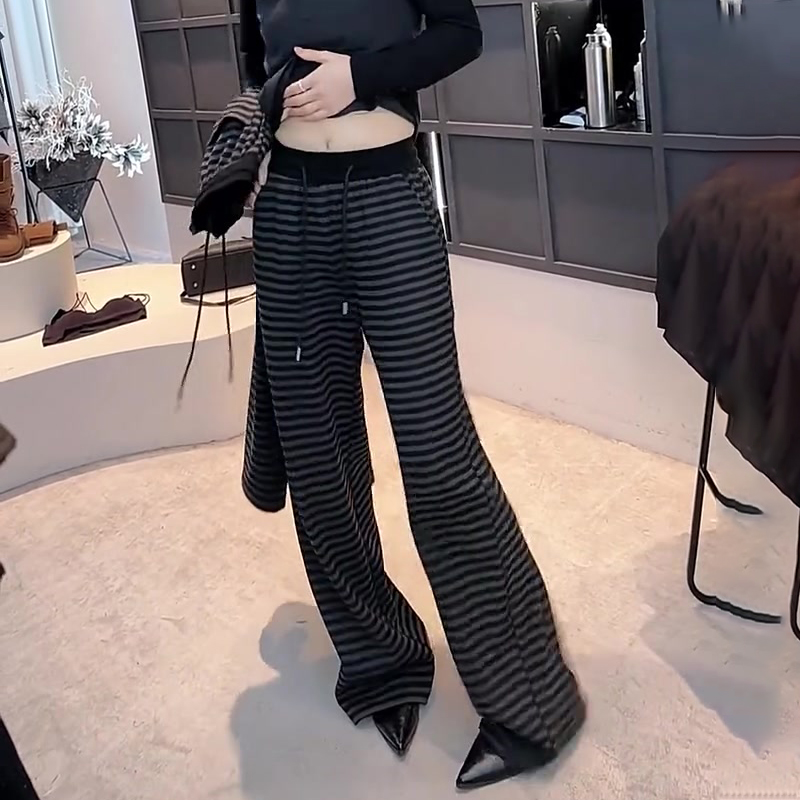高端定制深灰色条纹大码阔腿裤女