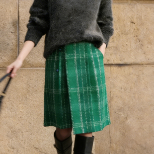 欧货高端定制祖母绿色毛呢大码 细格纹A字裙 半身裙女2026早春新款