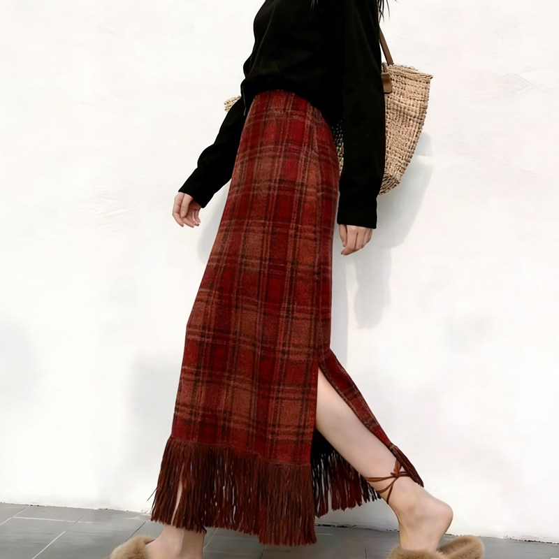 高端定制红色毛呢大码格纹半身裙女2025冬季新款加厚流苏边A字裙,女装/女士精品,大码半身裙,淘宝优惠券,粉丝福利购,淘宝优惠卷