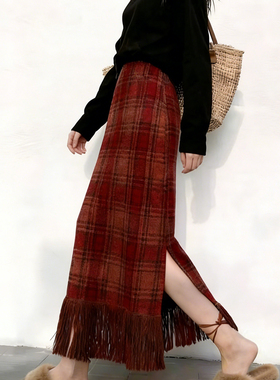 高端定制红色毛呢大码格纹半身裙女2025冬季新款加厚流苏边A字裙