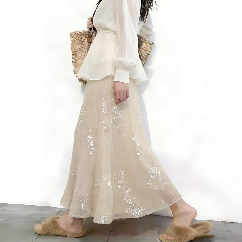 欧货高端定制米白色网纱大码半身裙女2026早春新款轻熟亮片鱼尾裙,女装/女士精品,大码半身裙,淘宝优惠券,粉丝福利购,淘宝优惠卷