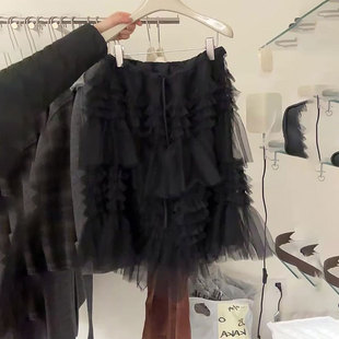 加厚A字中裙 新款 欧货高端定制黑色大码 半身纱网蛋糕裙女2025冬季