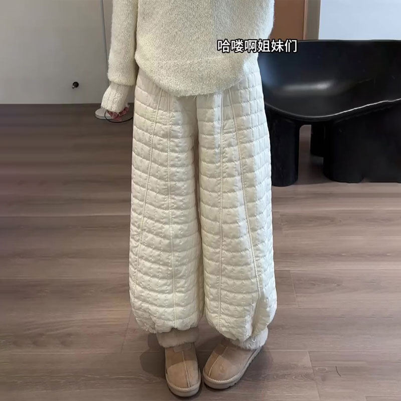 定制白色菱格夹棉大码阔腿裤女