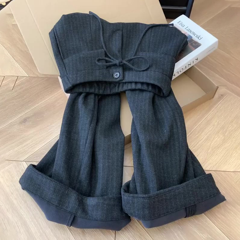高端定制灰色条纹大码阔腿西裤女