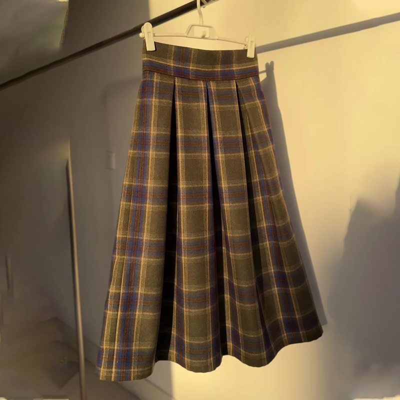 高端定制黄棕色格纹大码半身裙女