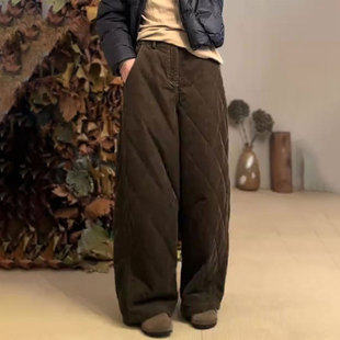 上档次宽松直筒休闲裤 女2025秋冬新款 棉麻阔腿裤 高端咖色菱格大码