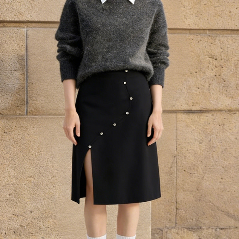 欧货高端定制黑色毛呢大码半身裙女2026早春新款不规则轻熟A字裙,女装/女士精品,大码半身裙,淘宝优惠券,粉丝福利购,淘宝优惠卷
