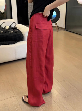 酒红色亚麻阔腿裤女2026春季新款高级感日常通勤舒适百搭直筒裤子