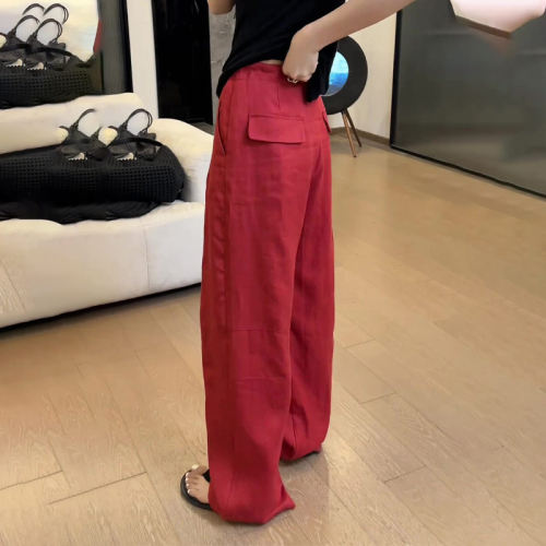 酒红色亚麻阔腿裤女2026春季新款