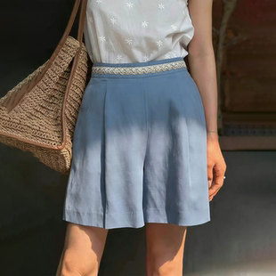 慵懒休闲裤 欧货高端定制雾霾蓝大码 新款 女2026早夏季 棉麻阔腿短裤