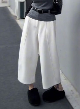 欧货高端白色大码阔腿裤女2025冬季新款定制宽松九分休闲弯刀裤子