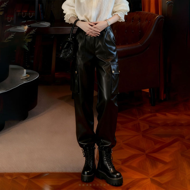 欧货高端定制黑色大码阔腿皮裤女