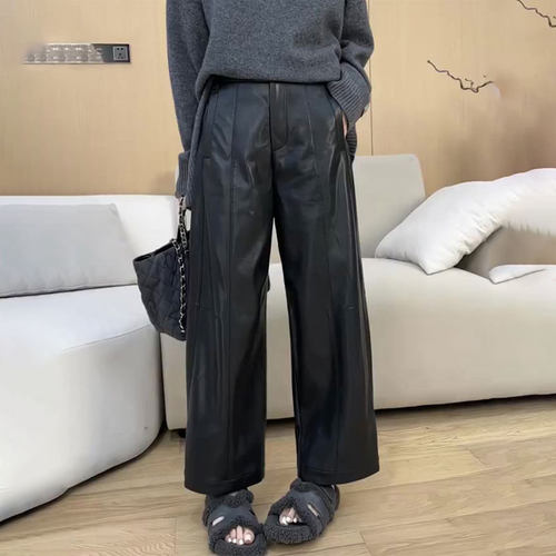 欧货高端定制黑色大码阔腿皮裤女