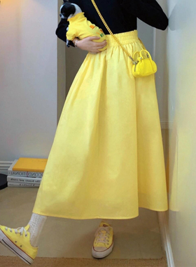 黄色松紧腰显瘦薄款A字裙2025春夏新款韩版休闲风小众百搭半身裙