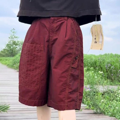 韩版正品酒红色棉麻补丁五分裤子